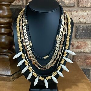 Vintage 4 strand wooden lava & gold tone beaded statement necklace stone detail